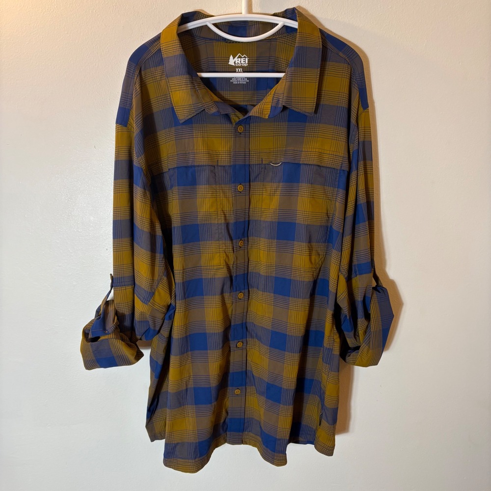REI Co-op Button Down‎ Safari Hiking Shirt Mens XXL Mustard Blue Plaid
